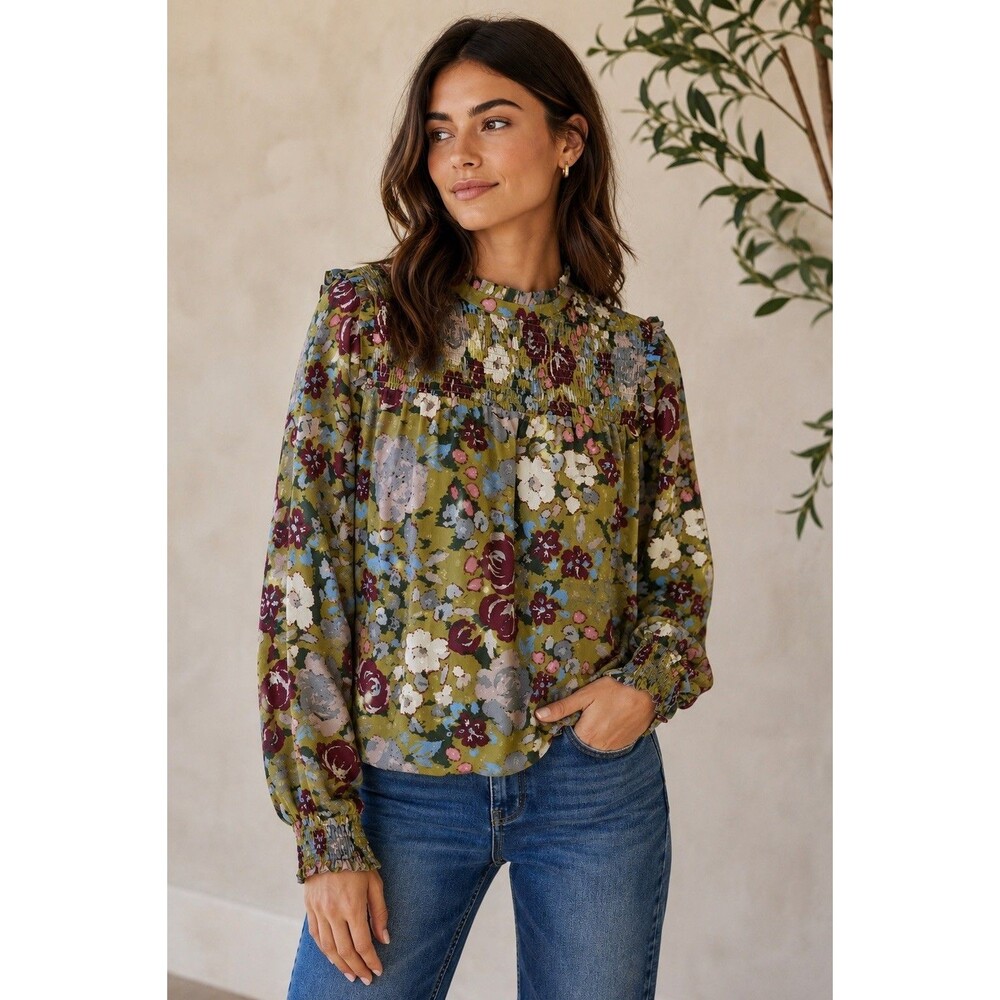 Vero Moda Floral Smocked Blouse Womens XS Green Moss Ruffle Long Sleeve NWT